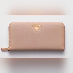 Authentic PRADA Vitello Zip Nude Blush & Gold Saffiano Leather Wallet WOC Clutch